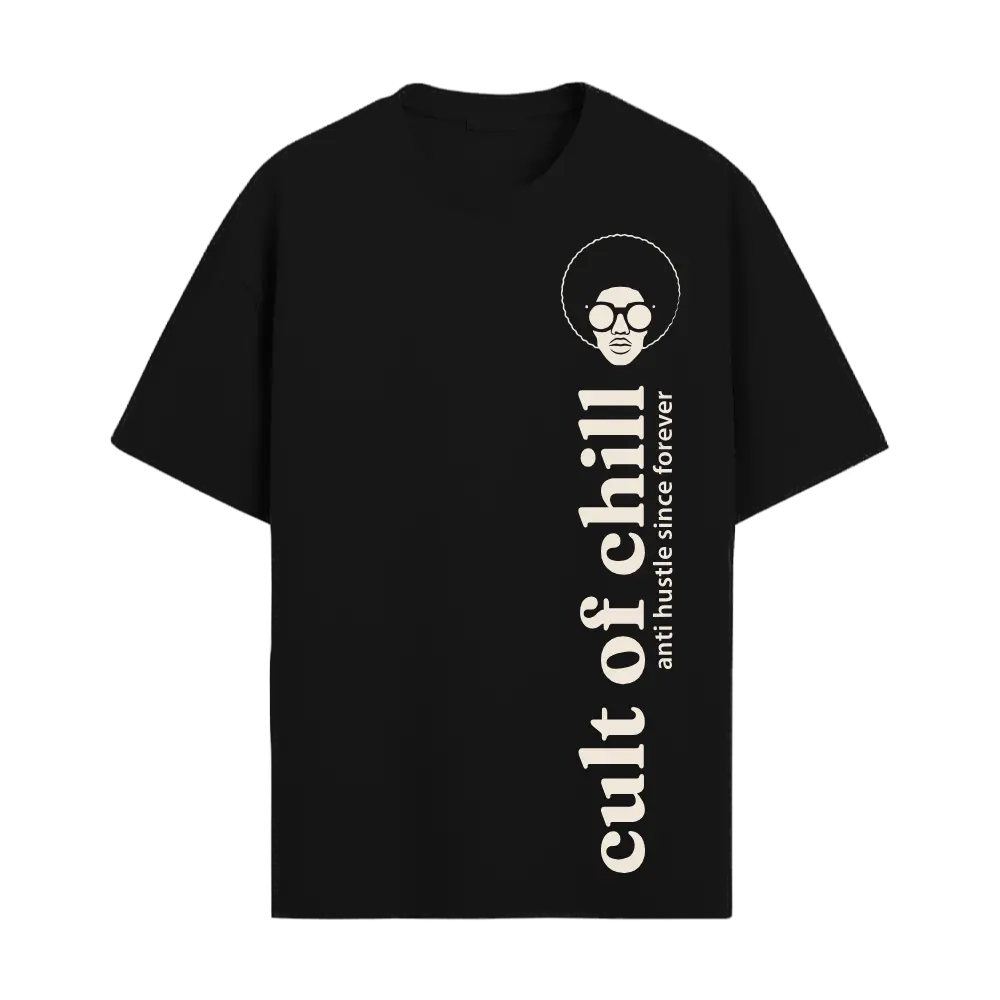 Black oversized graphic tee front view — Chillcore 01 by Cult of Chill