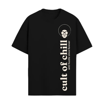 Black oversized graphic tee front view — Chillcore 01 by Cult of Chill