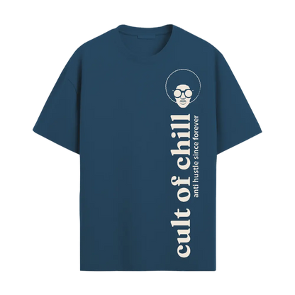 Blue oversized graphic tee front view — Chillcore 01 by Cult of Chill