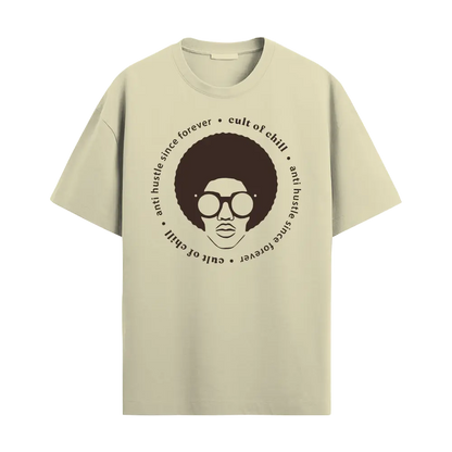 Beige oversized graphic tee front view — Chillcore 03 by Cult of Chill