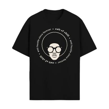 Black oversized graphic tee front view — Chillcore 03 by Cult of Chill