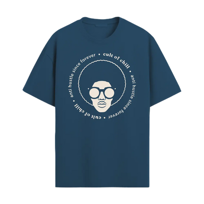 Blue oversized graphic tee front view — Chillcore 03 by Cult of Chill