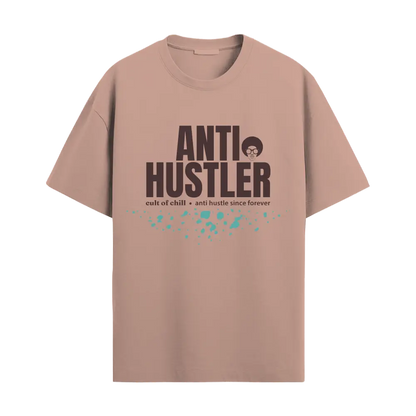 Pink oversized graphic tee front view — Anti Hustler from Chill@work by Cult of Chill