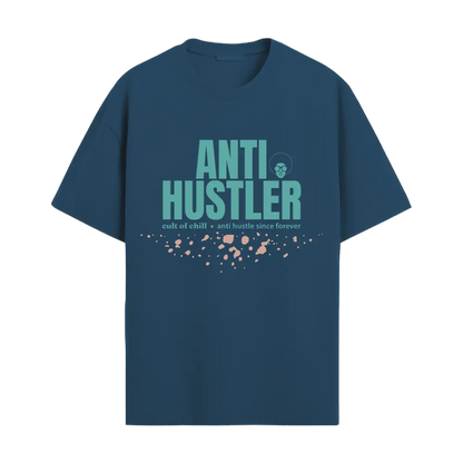 Blue oversized graphic tee front view — Anti Hustler from Chill@work by Cult of Chill