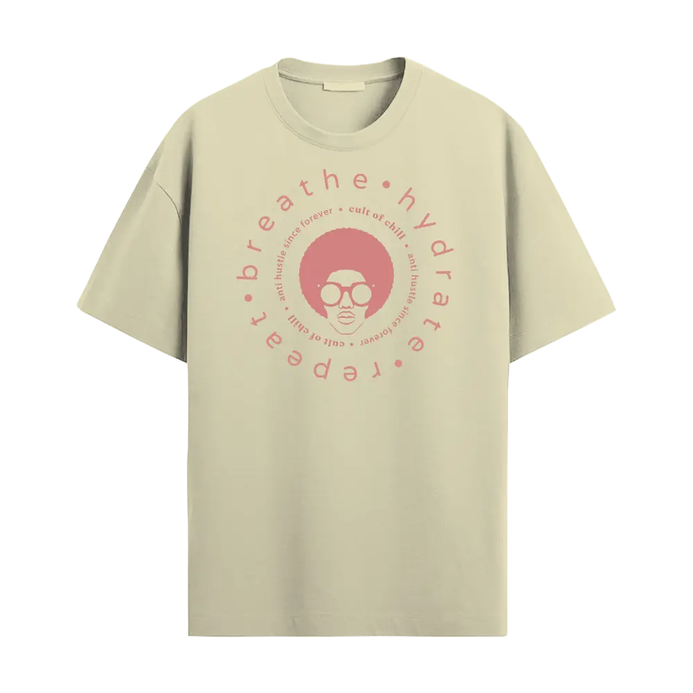 Beige oversized graphic tee front view — Breathe Hydrate Repeat from Chill@work by Cult of Chill