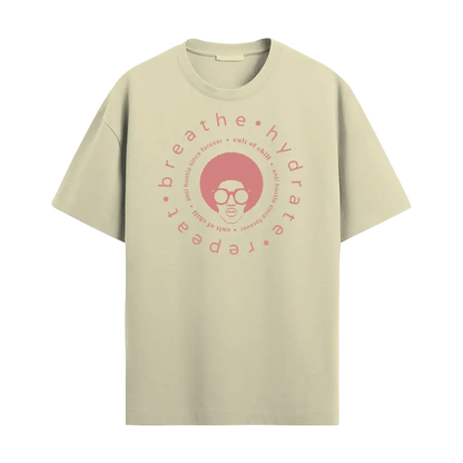 Beige oversized graphic tee front view — Breathe Hydrate Repeat from Chill@work by Cult of Chill