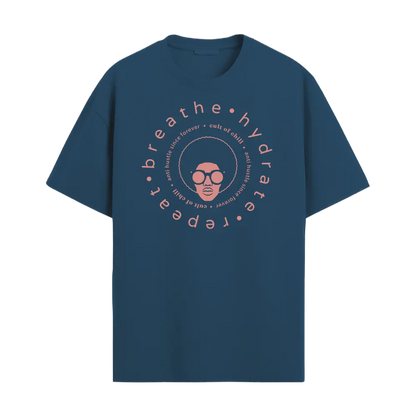 Blue oversized graphic tee front view — Breathe Hydrate Repeat from Chill@work by Cult of Chill