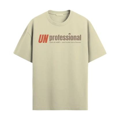 Beige oversized graphic tee front view — Unprofessional from Chill@work by Cult of Chill