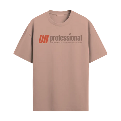 Pink oversized graphic tee front view — Unprofessional from Chill@work by Cult of Chill