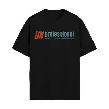 Black oversized graphic tee front view — Unprofessional from Chill@work by Cult of Chill