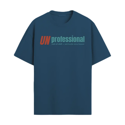 Blue oversized graphic tee front view — Unprofessional from Chill@work by Cult of Chill