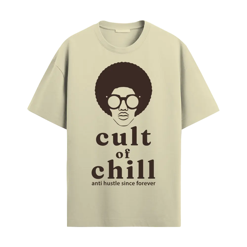 Beige oversized graphic tee front view — Chillcore 02 by Cult of Chill