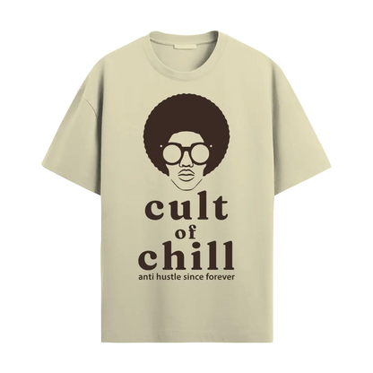 Beige oversized graphic tee front view — Chillcore 02 by Cult of Chill