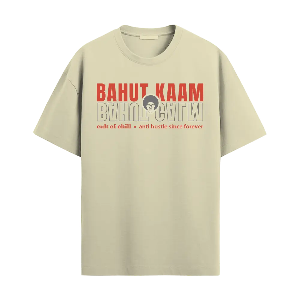 Beige oversized graphic tee front view — Bahut Kaam Bahut Calm from Chill@work by Cult of Chill