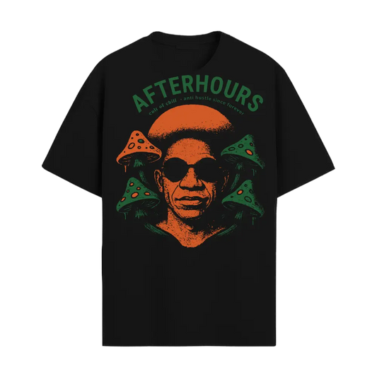 Black oversized graphic tee back view — Afterhours Off script from Chill Afterhours by Cult of Chill