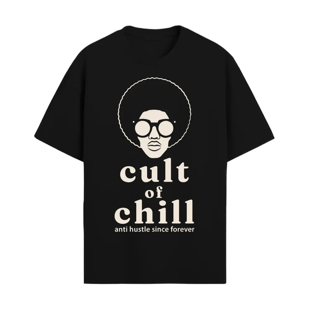 Black oversized graphic tee front view — Chillcore 02 by Cult of Chill