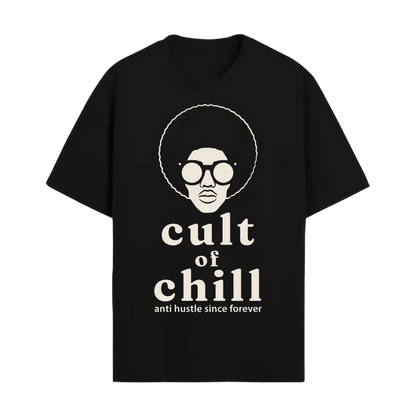 Black oversized graphic tee front view — Chillcore 02 by Cult of Chill