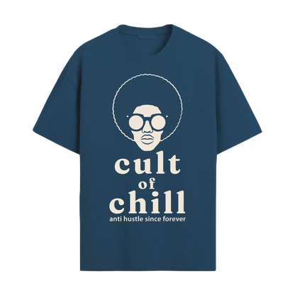 Blue oversized graphic tee front view — Chillcore 02 by Cult of Chill