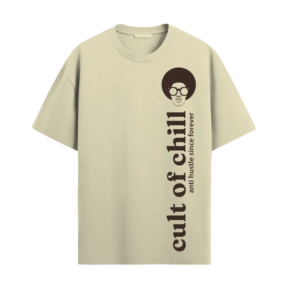 Beige oversized graphic tee front view — Chillcore 01 by Cult of Chill