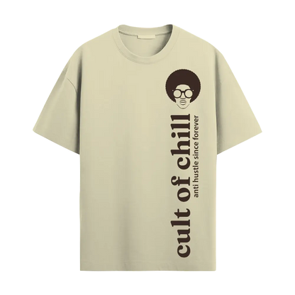 Beige oversized graphic tee front view — Chillcore 01 by Cult of Chill