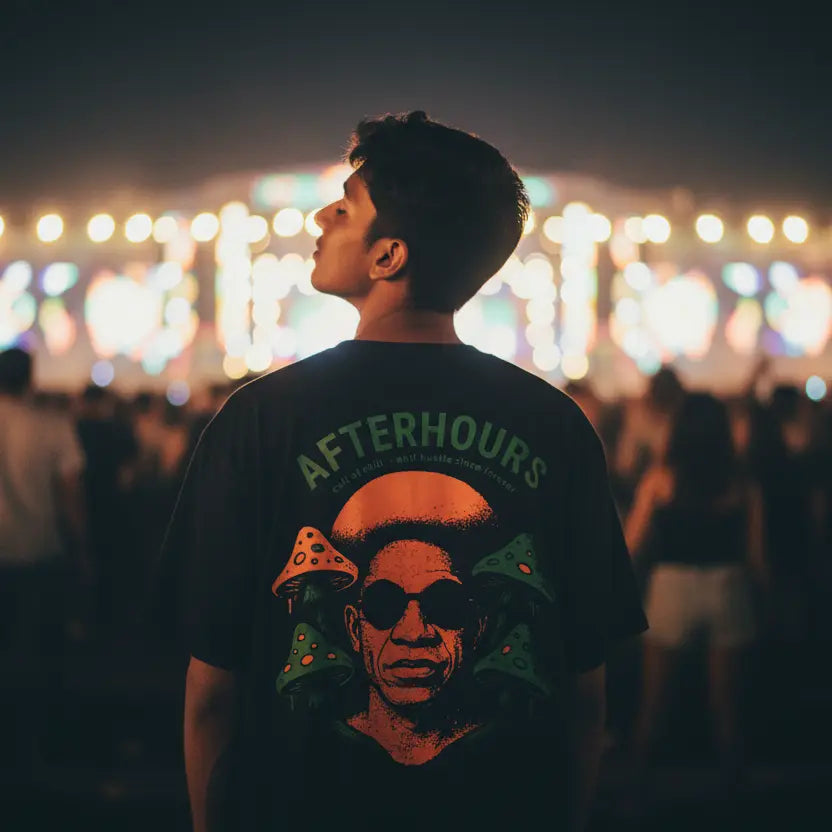 Back view of model wearing oversized graphic tee — Afterhours Off script from Chill Afterhours by Cult of Chill