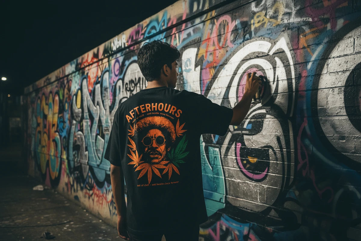 Back view of model wearing oversized graphic tee — graffiti artist design from Chill Afterhours by Cult of Chill