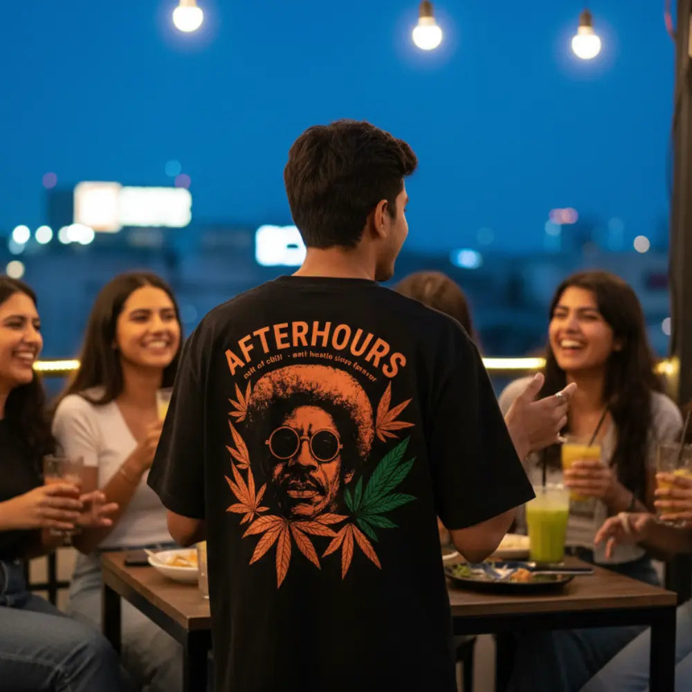 Model wearing oversized graphic tee — Afterhours Unfiltered from Chill Afterhours by Cult of Chill