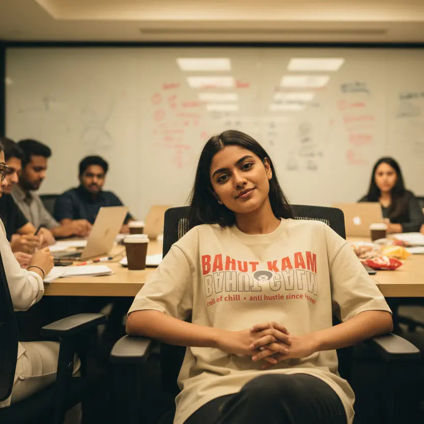 Model wearing oversized graphic tee — Bahut Kaam Bahut Calm from Chill@work by Cult of Chill
