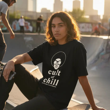 Model wearing oversized graphic tee — Chillcore 02 by Cult of Chill