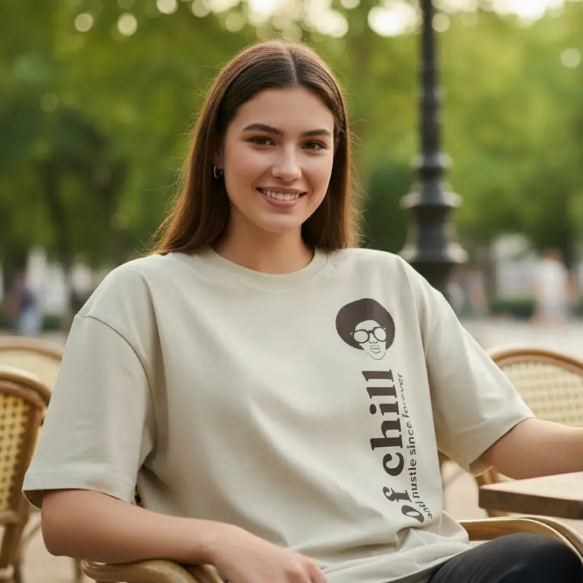 Model wearing oversized graphic tee with vertical print — Chillcore 01 by Cult of Chill